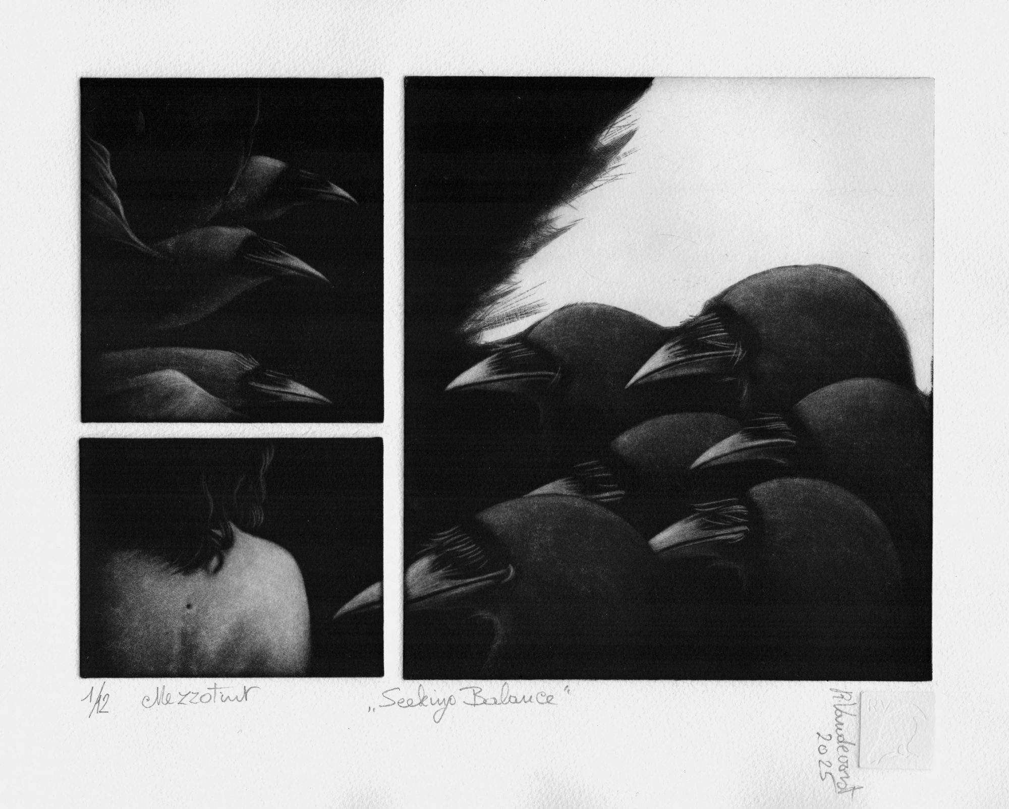 Seeking Balance, mezzotint print by Rita Vandevorst, 2025