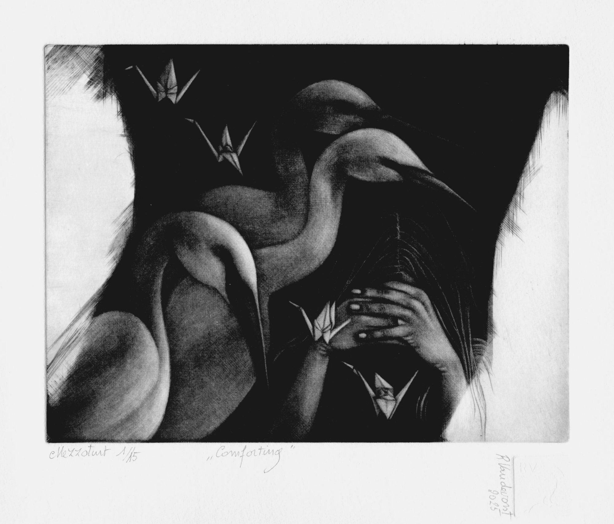 Comforting, mezzotint print by Rita Vandevorst, 2025