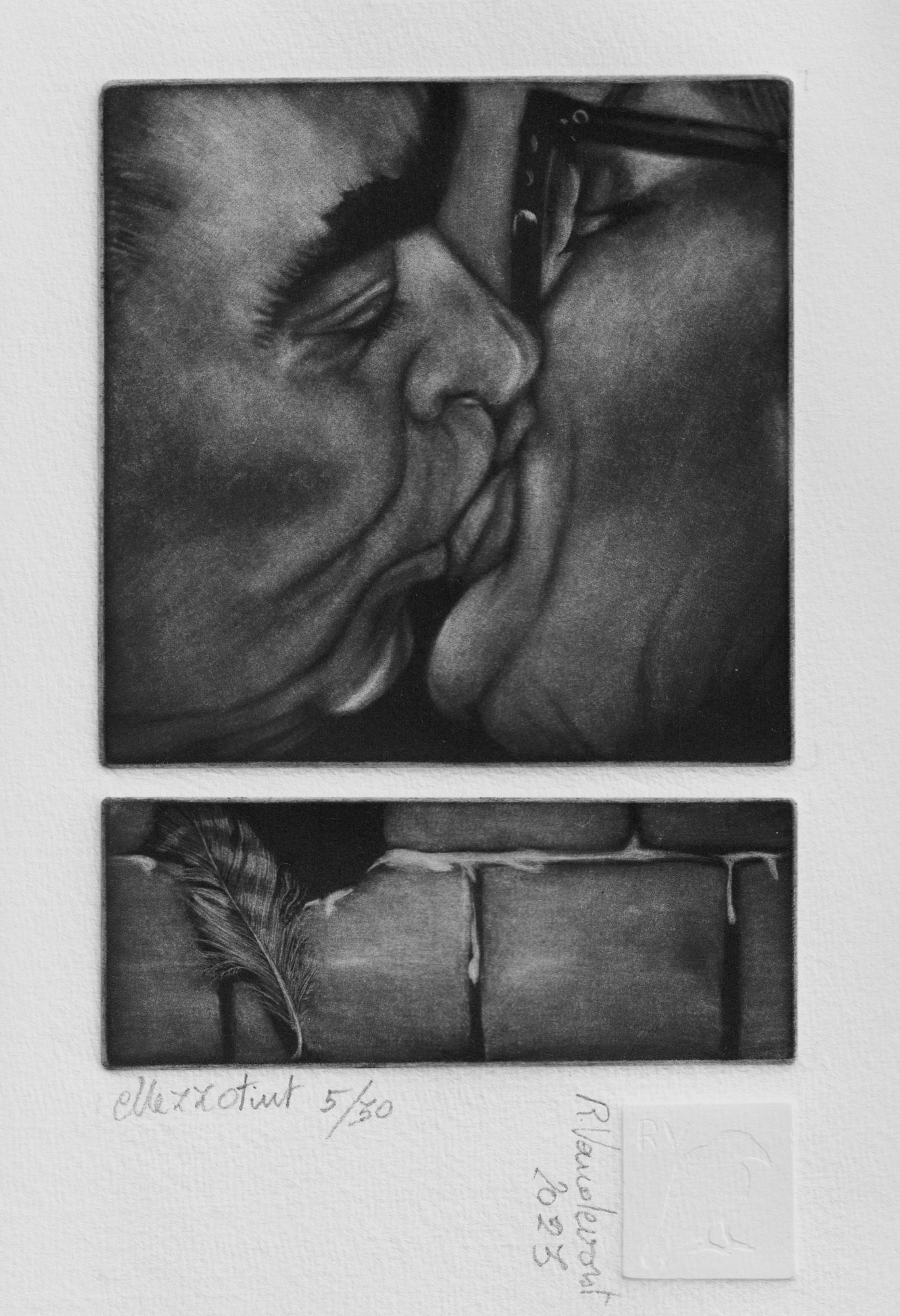 Another break in the wall, mezzotint print by Rita Vandevorst, 2023
