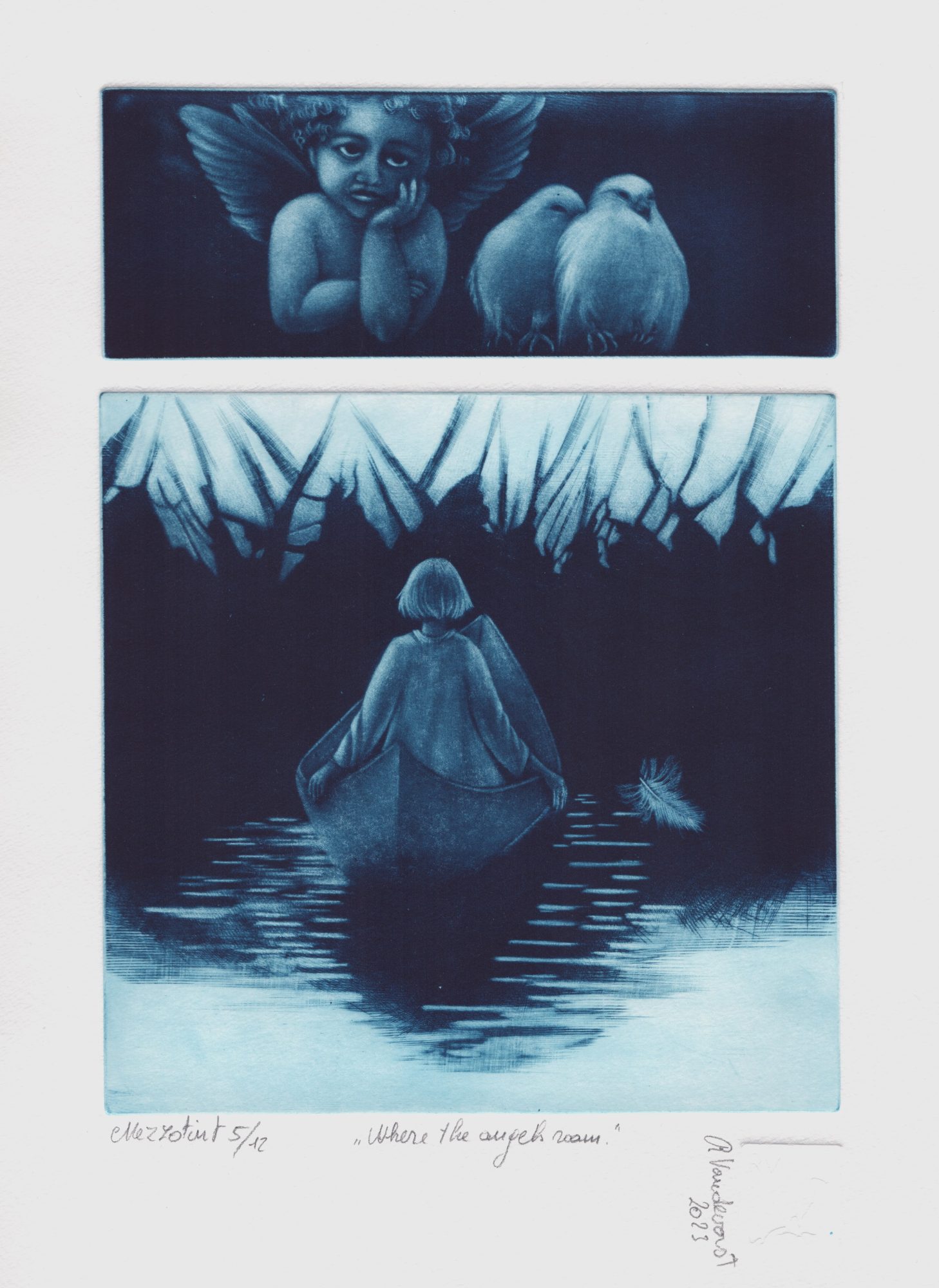 Where the Angels roam, mezzotint print by Rita Vandevorst, 2023