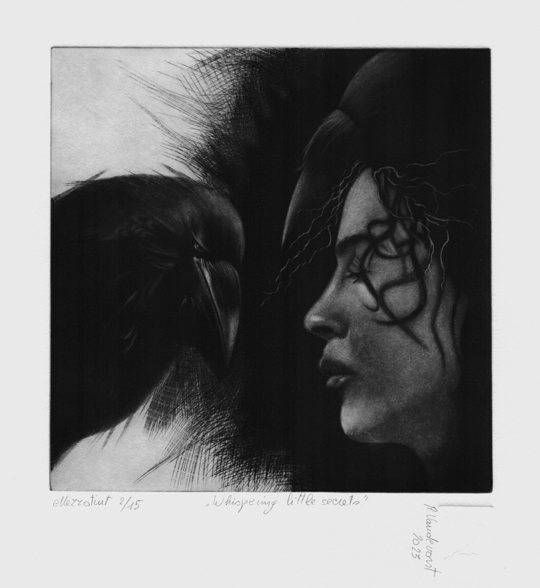 Whispering little secrets, mezzotint print by Rita Vandevorst, 2023