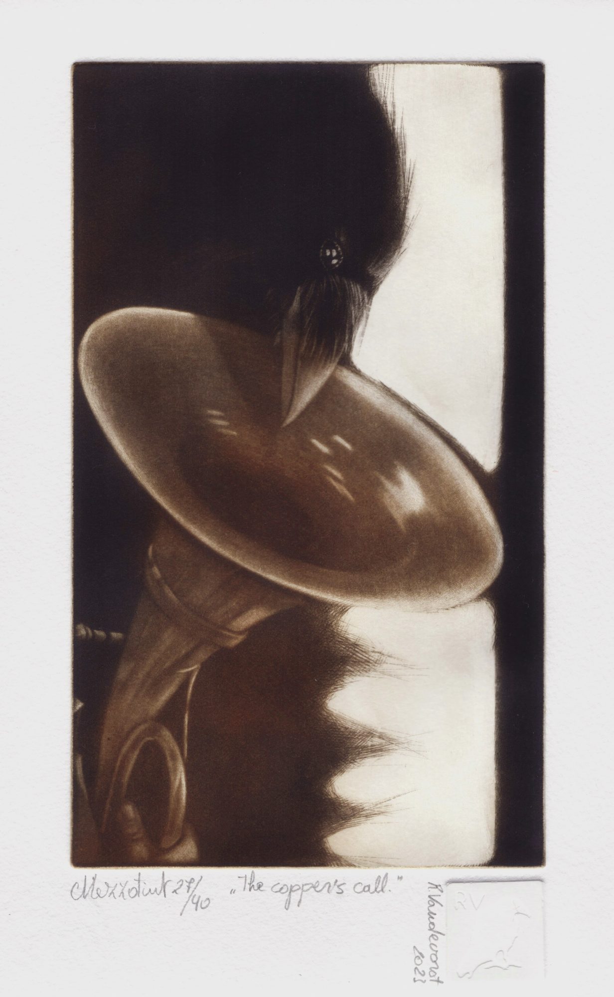 Coppers call, mezzotint print by Rita Vandevorst, 2023