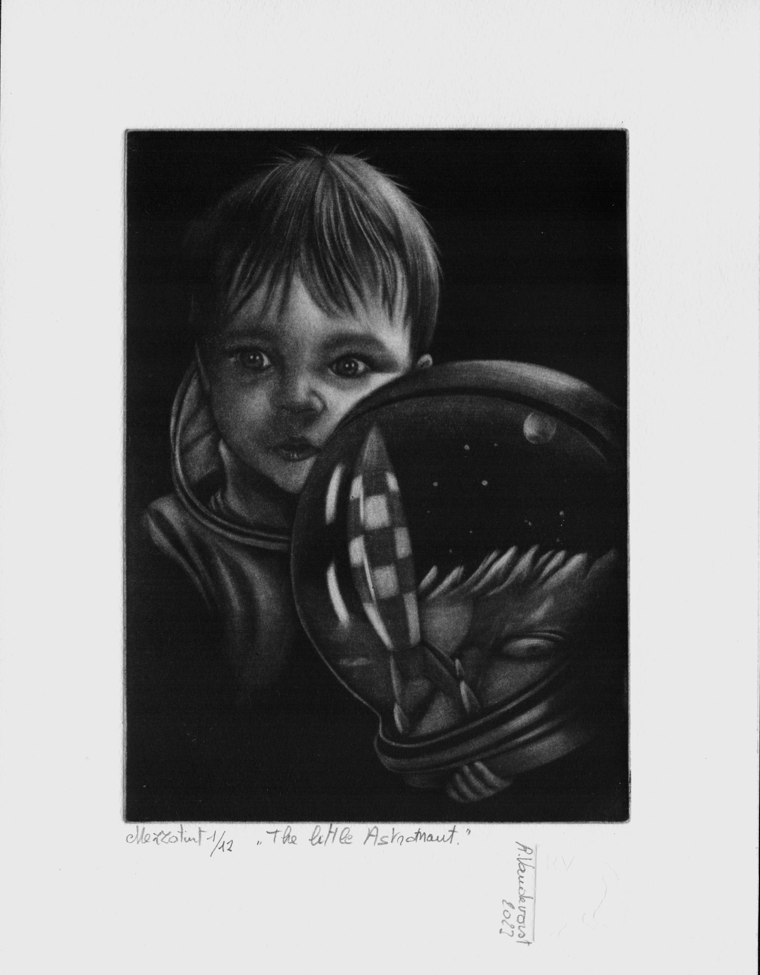 The little Astronaut, mezzotint print by Rita Vandevorst, 2023