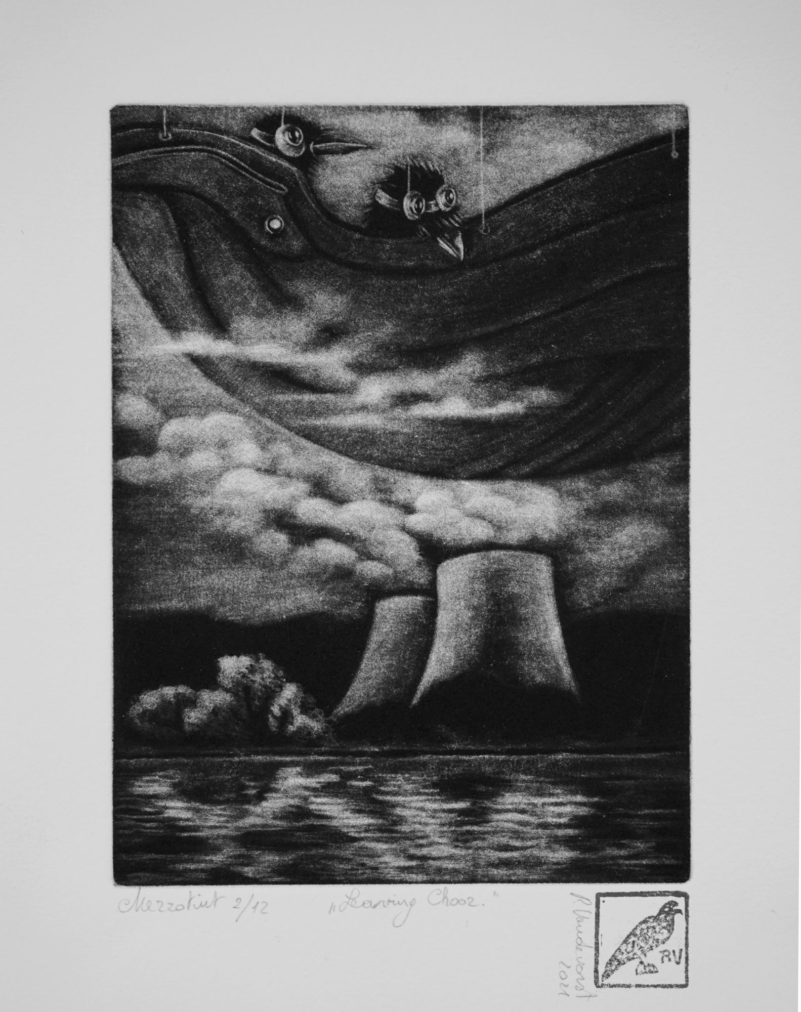 Leaving Chooz, mezzotint print by Rita Vandevorst, 2021