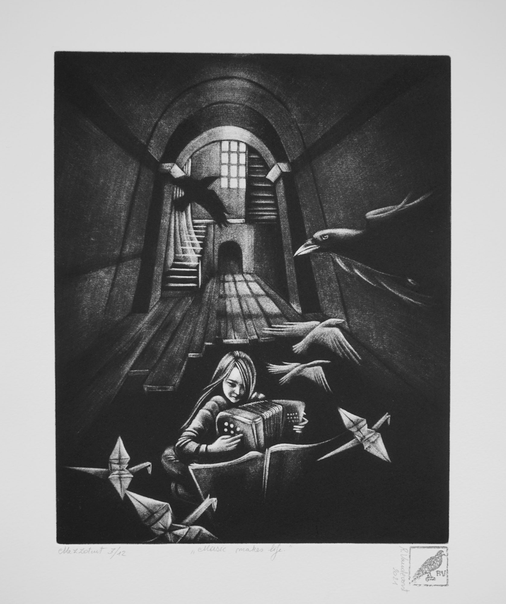 Music makes life, mezzotint print by Rita Vandevorst, 2021