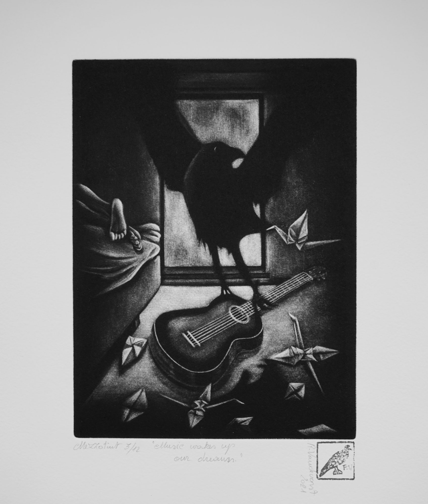 Music wakes up our dreams, mezzotint print by Rita Vandevorst, 2021