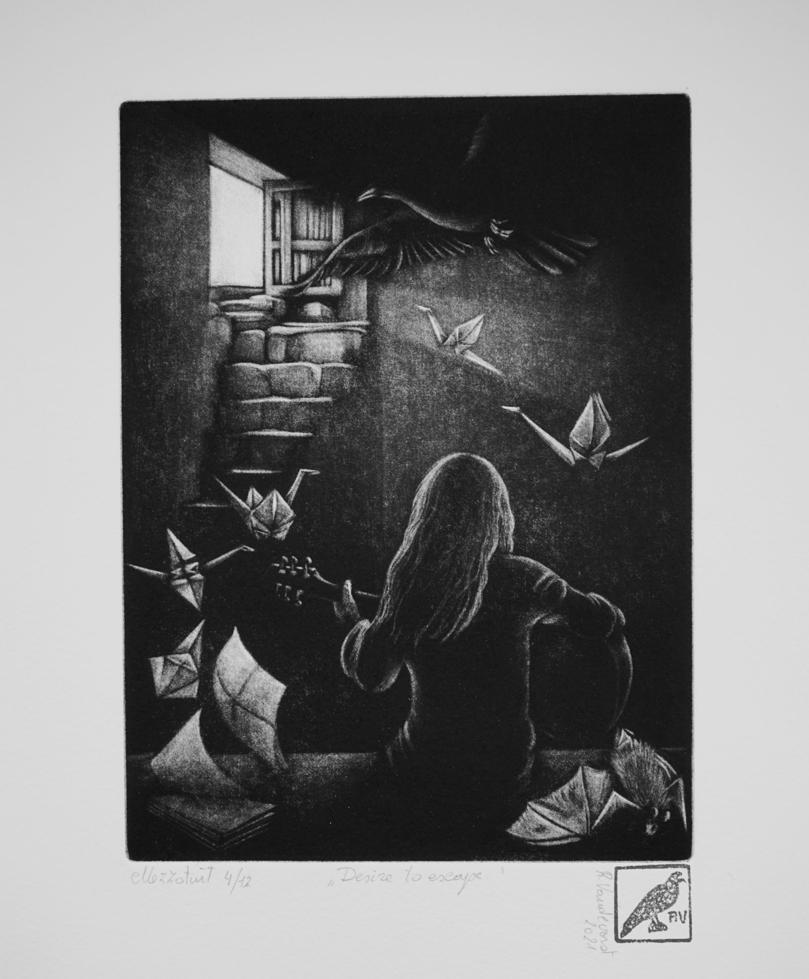 Desire-to-escape, mezzotint print by Rita Vandevorst, 2021