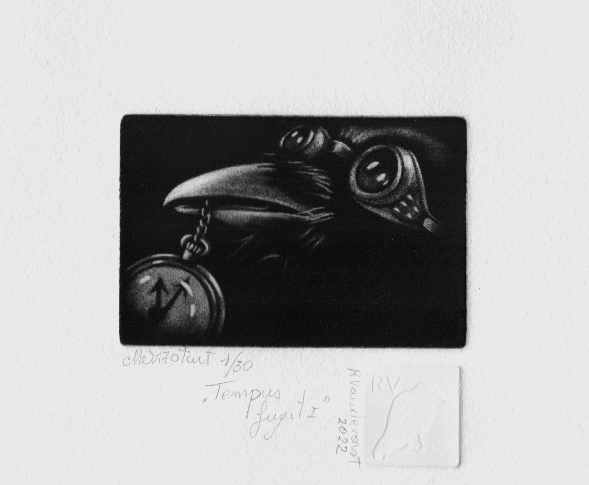 Time flies 1, mezzotint print by Rita Vandevorst, 2022