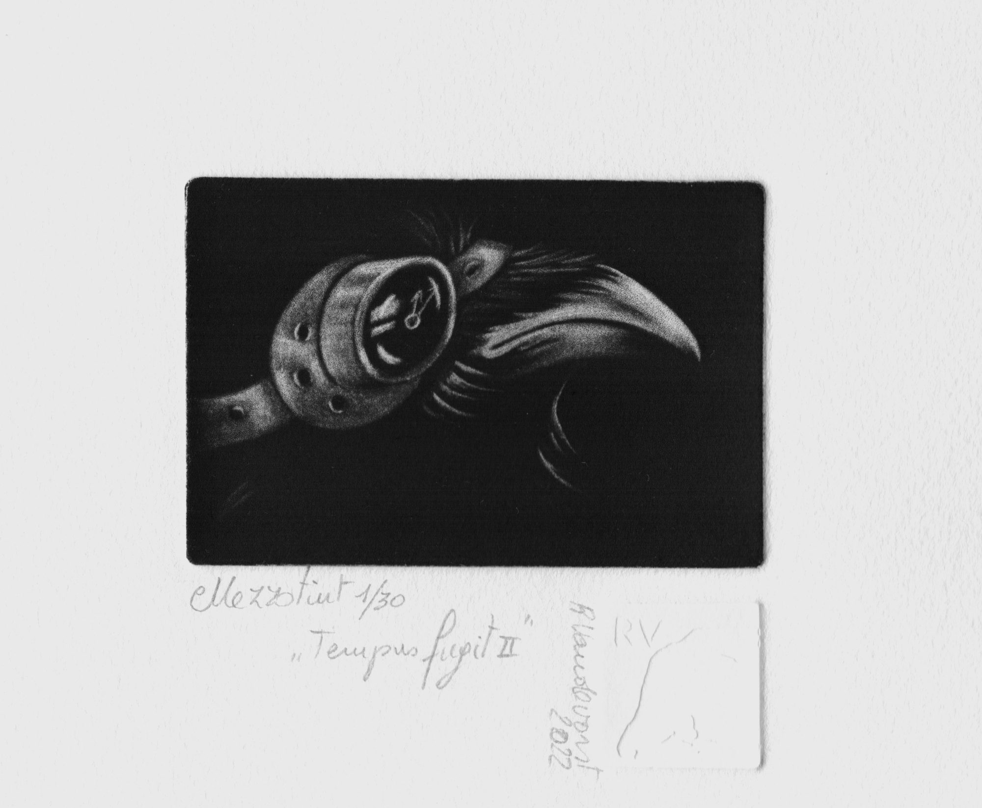 Time flies 2, mezzotint print by Rita Vandevorst, 2022