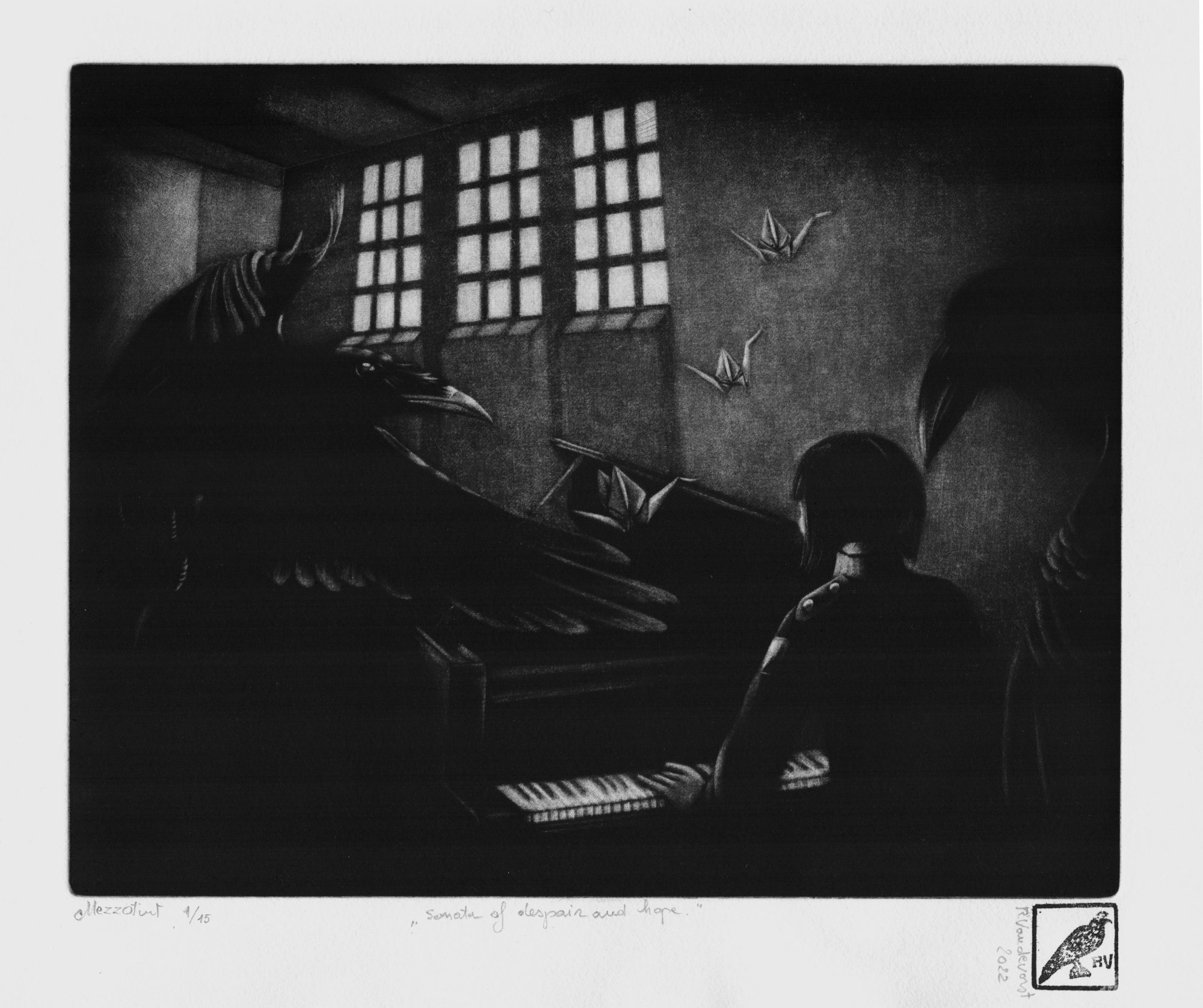 Sonata of despair and hope, mezzotint print by Rita Vandevorst, 2022