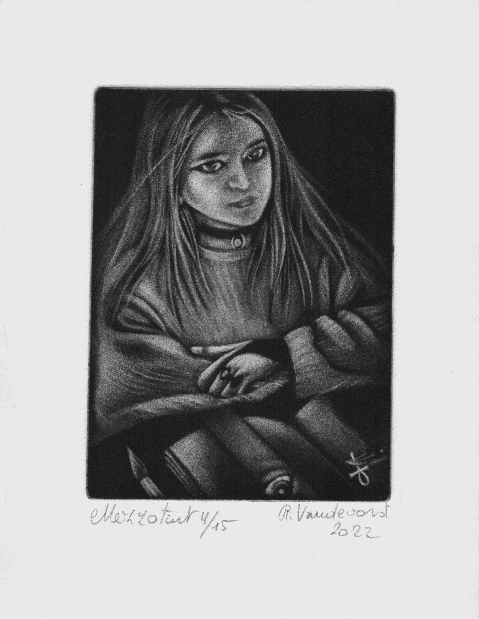 Gotic, mezzotint print by Rita Vandevorst, 2022