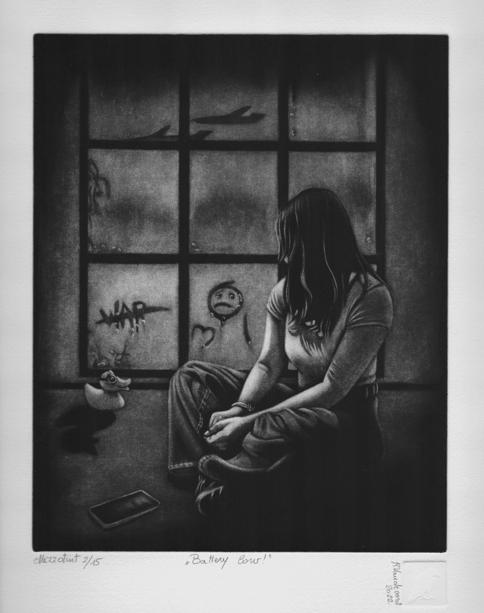 Battery low, mezzotint print by Rita Vandevorst, 2022