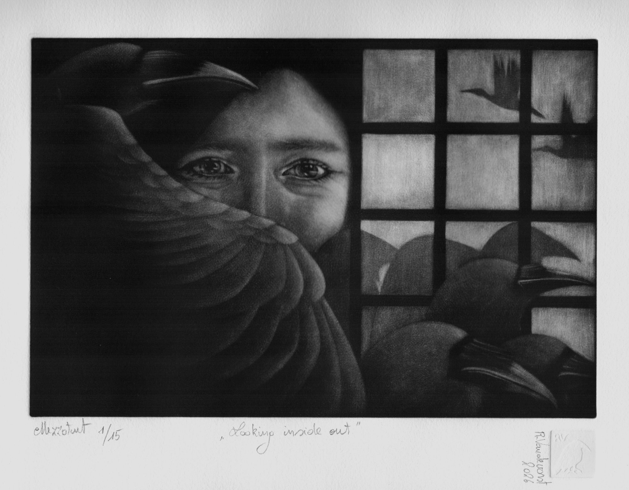 Looking inside out, mezzotint print by Rita Vandevorst, 2026